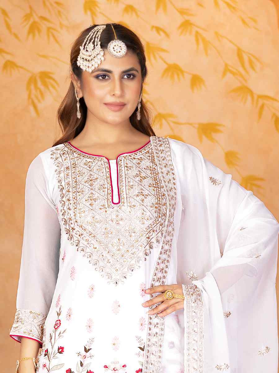 White Heavy Faux Georgette Embroidered Party Wedding Ready Palazzo Pant Salwar Kameez