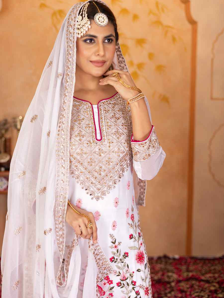 White Heavy Faux Georgette Embroidered Party Wedding Ready Palazzo Pant Salwar Kameez