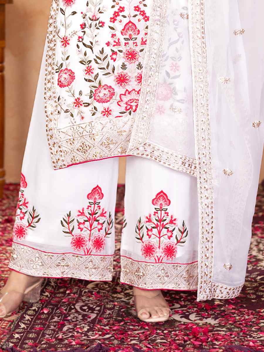 White Heavy Faux Georgette Embroidered Party Wedding Ready Palazzo Pant Salwar Kameez