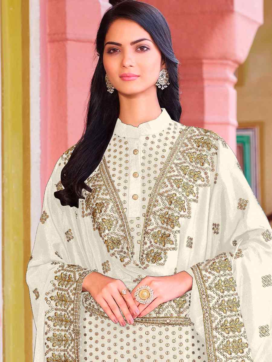 White Heavy Faux Georgette Embroidered Wedding Festival Pant Salwar Kameez