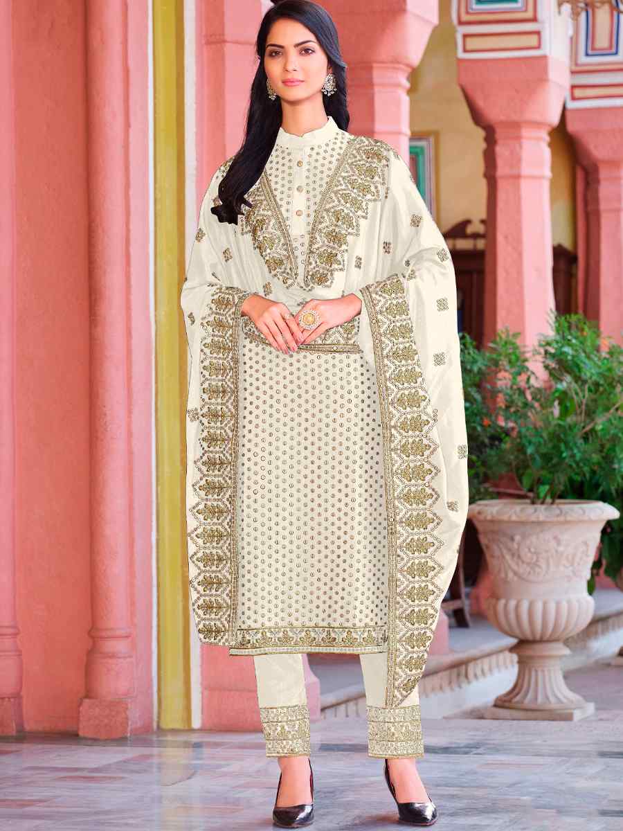 White Heavy Faux Georgette Embroidered Wedding Festival Pant Salwar Kameez