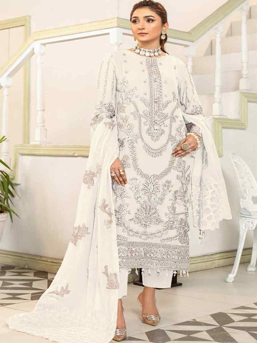White Heavy Fox Georgette Embroidered Festival Casual Pant Salwar Kameez