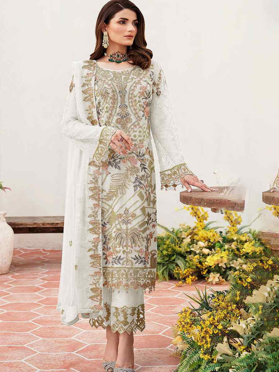 White Heavy Fox Georgette Embroidered Festival Casual Pant Salwar Kameez