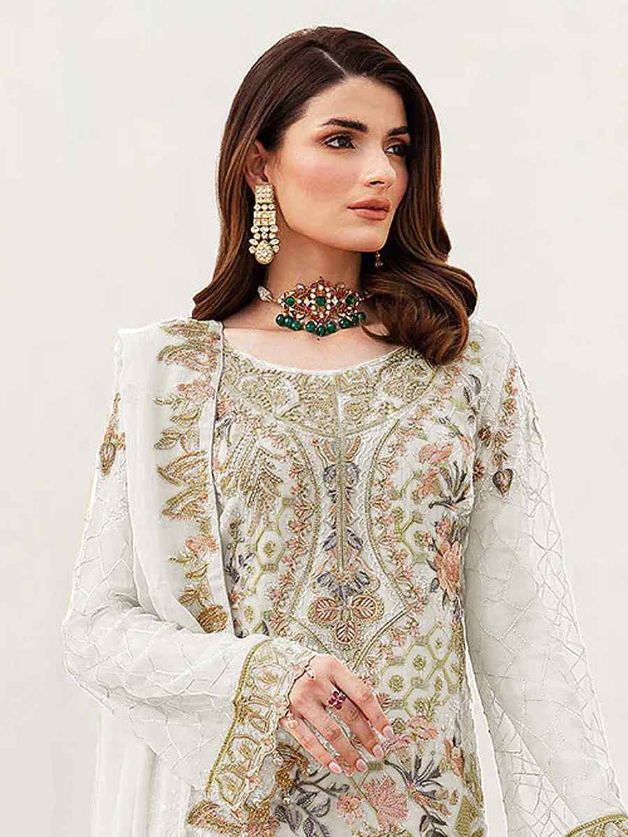 White Heavy Fox Georgette Embroidered Festival Casual Pant Salwar Kameez