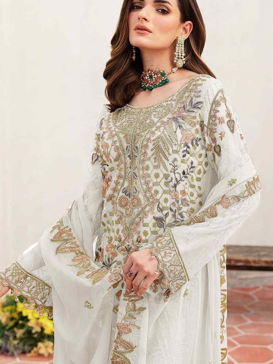 White Heavy Fox Georgette Embroidered Festival Casual Pant Salwar Kameez