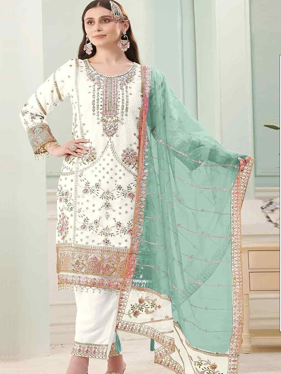 White Heavy Fox Georgette Embroidered Festival Wedding Pant Salwar Kameez