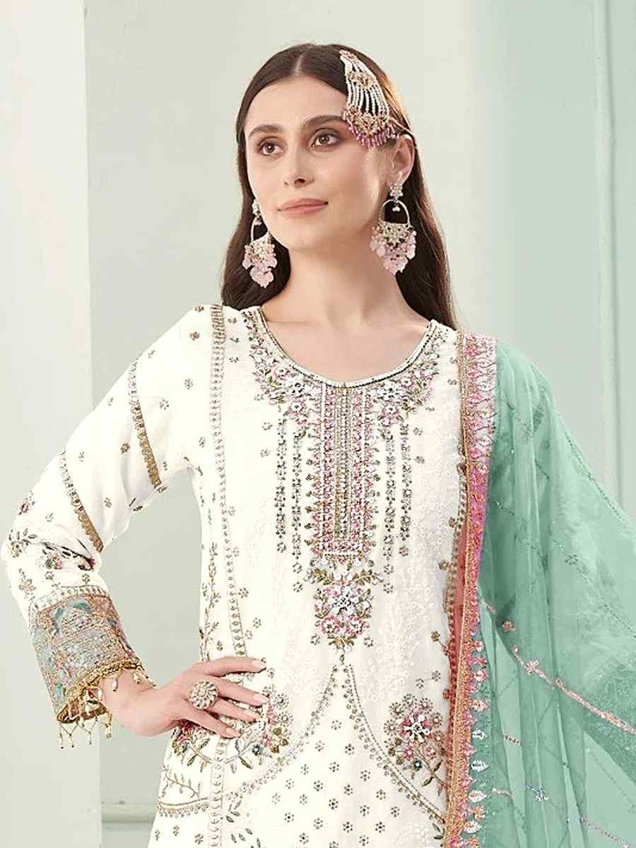 White Heavy Fox Georgette Embroidered Festival Wedding Pant Salwar Kameez