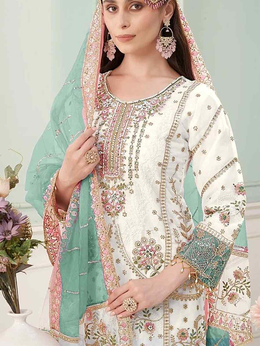 White Heavy Fox Georgette Embroidered Festival Wedding Pant Salwar Kameez