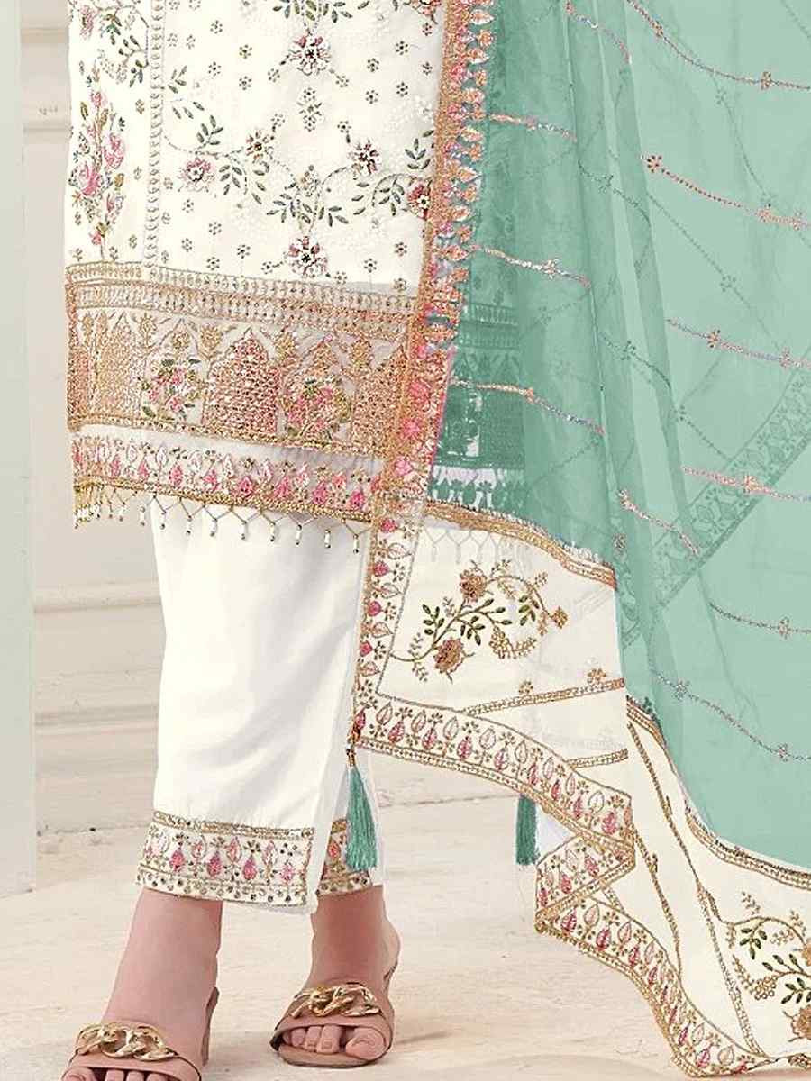 White Heavy Fox Georgette Embroidered Festival Wedding Pant Salwar Kameez