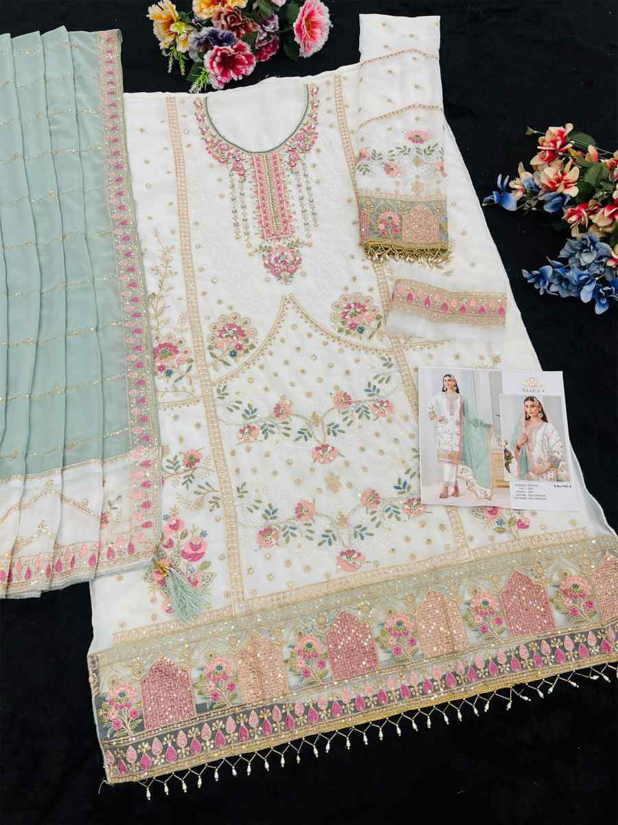 White Heavy Fox Georgette Embroidered Festival Wedding Pant Salwar Kameez