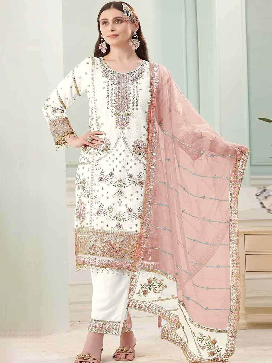 White Heavy Fox Georgette Embroidered Festival Wedding Pant Salwar Kameez