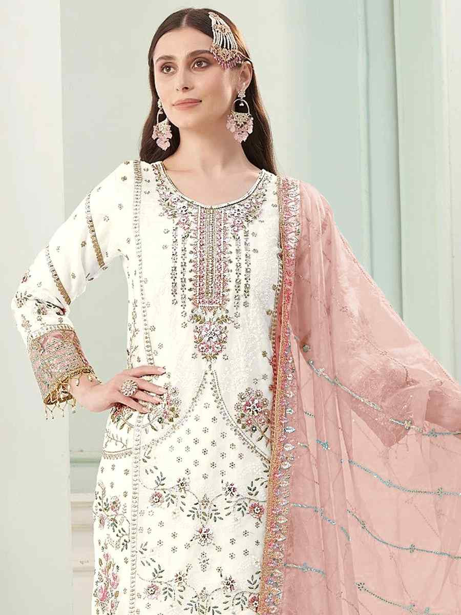 White Heavy Fox Georgette Embroidered Festival Wedding Pant Salwar Kameez