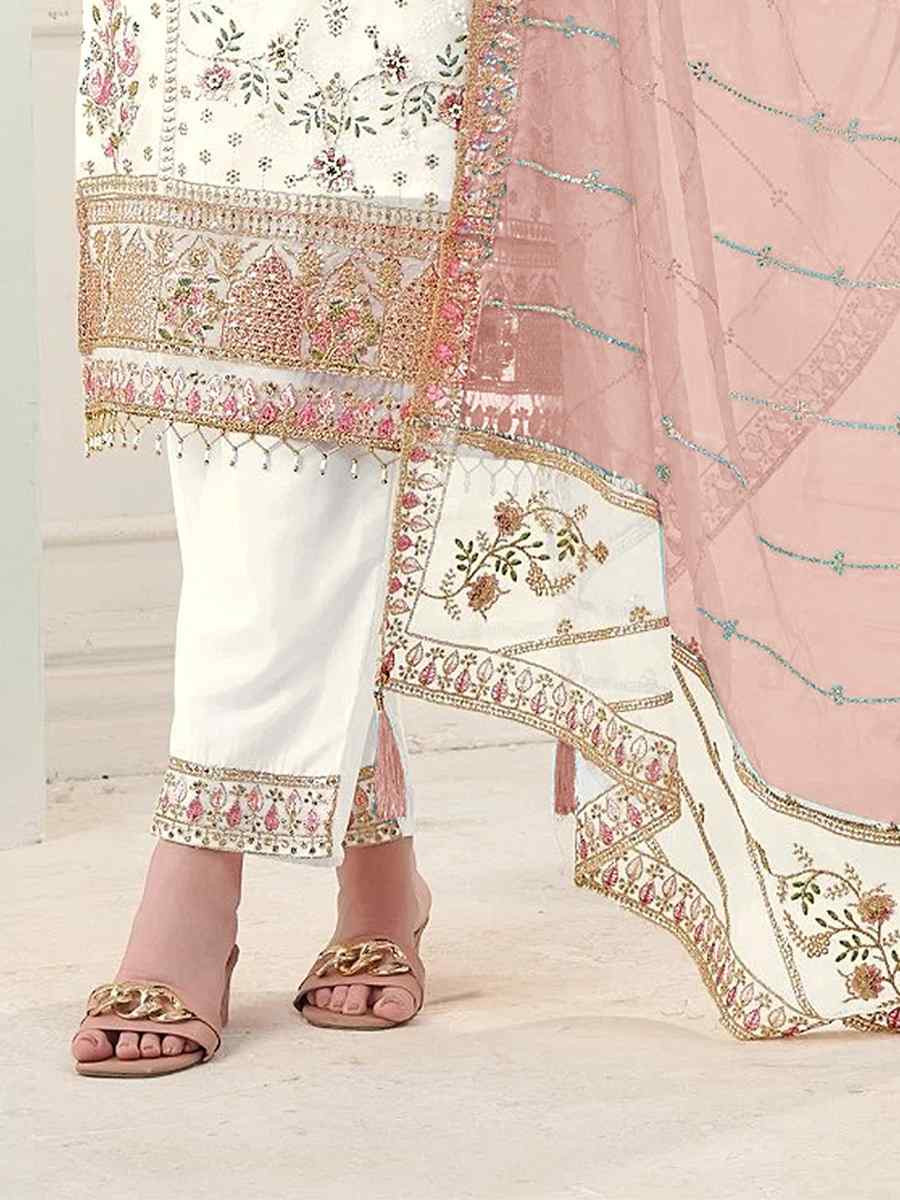 White Heavy Fox Georgette Embroidered Festival Wedding Pant Salwar Kameez