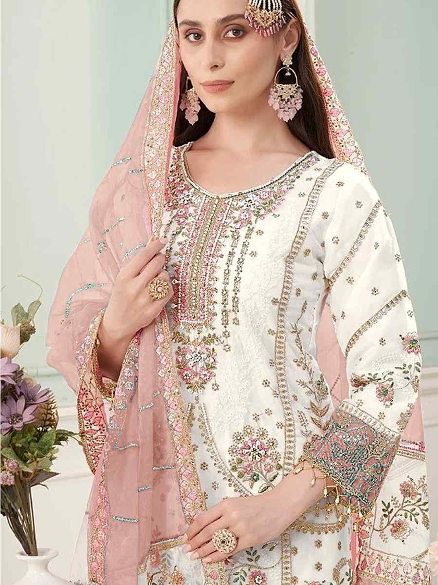 White Heavy Fox Georgette Embroidered Festival Wedding Pant Salwar Kameez