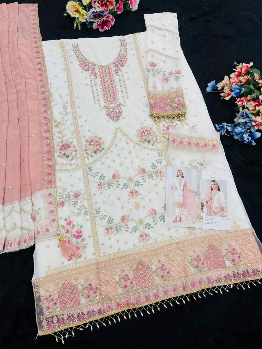 White Heavy Fox Georgette Embroidered Festival Wedding Pant Salwar Kameez