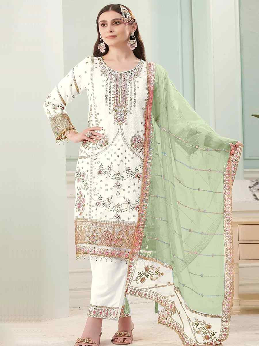 White Heavy Fox Georgette Embroidered Festival Wedding Pant Salwar Kameez