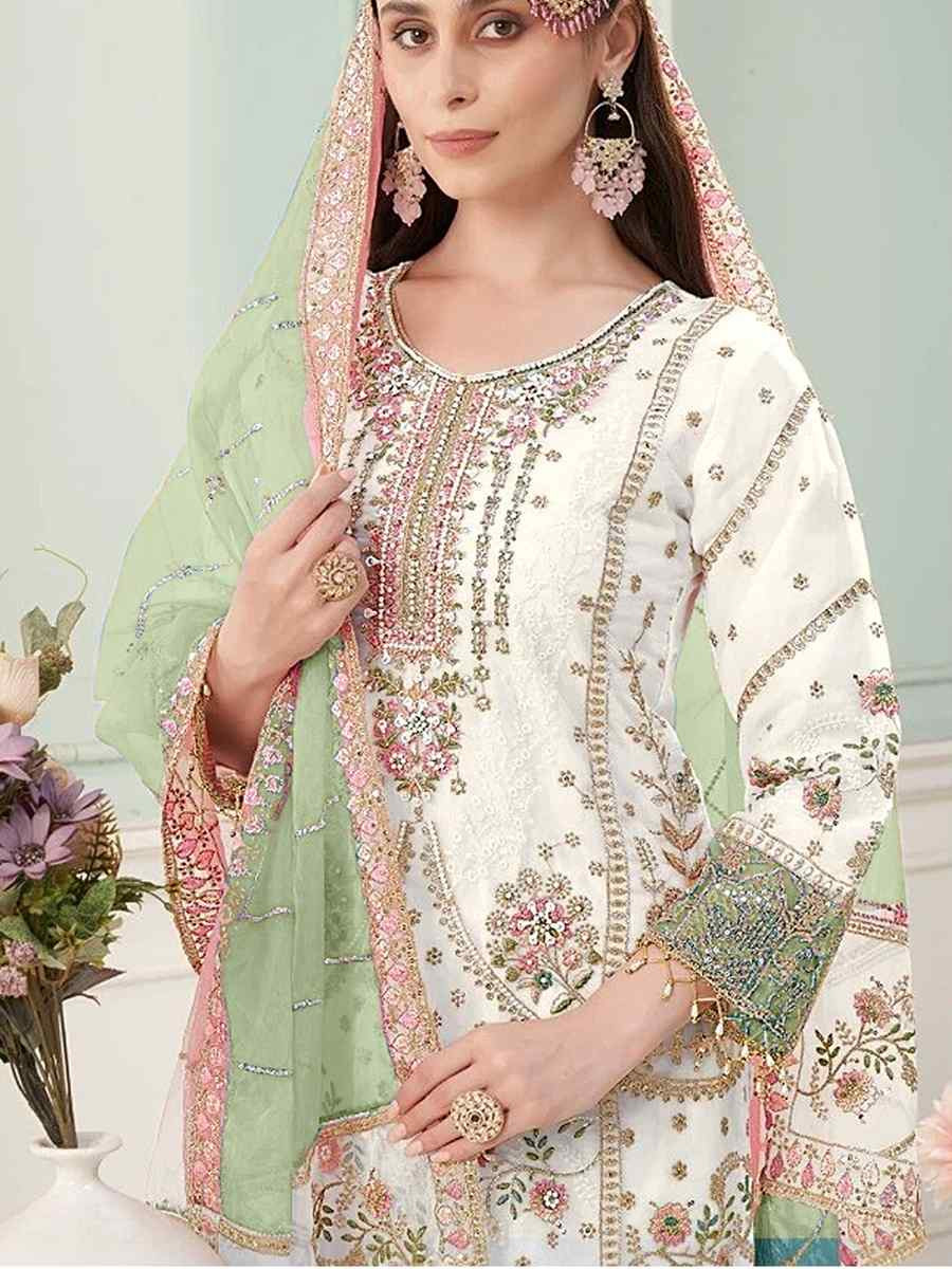 White Heavy Fox Georgette Embroidered Festival Wedding Pant Salwar Kameez