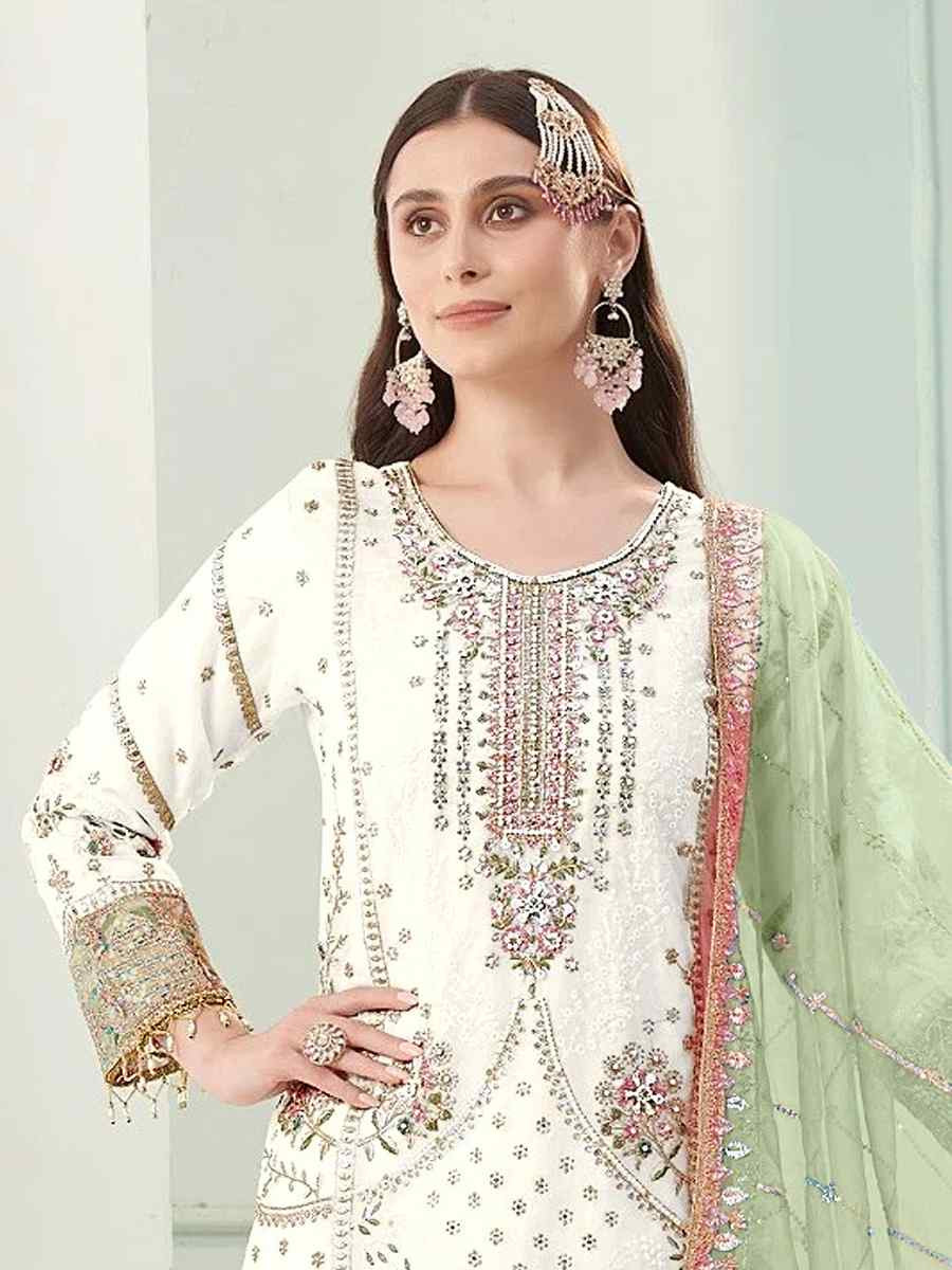 White Heavy Fox Georgette Embroidered Festival Wedding Pant Salwar Kameez