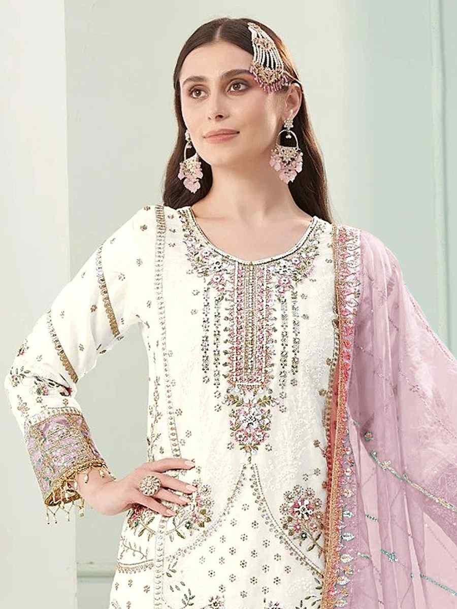 White Heavy Fox Georgette Embroidered Festival Wedding Pant Salwar Kameez