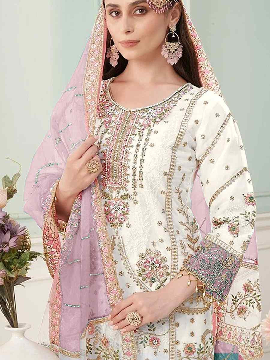 White Heavy Fox Georgette Embroidered Festival Wedding Pant Salwar Kameez