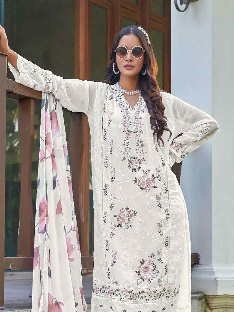 White Heavy Fox Georgette Embroidered Festival Wedding Pant Salwar Kameez