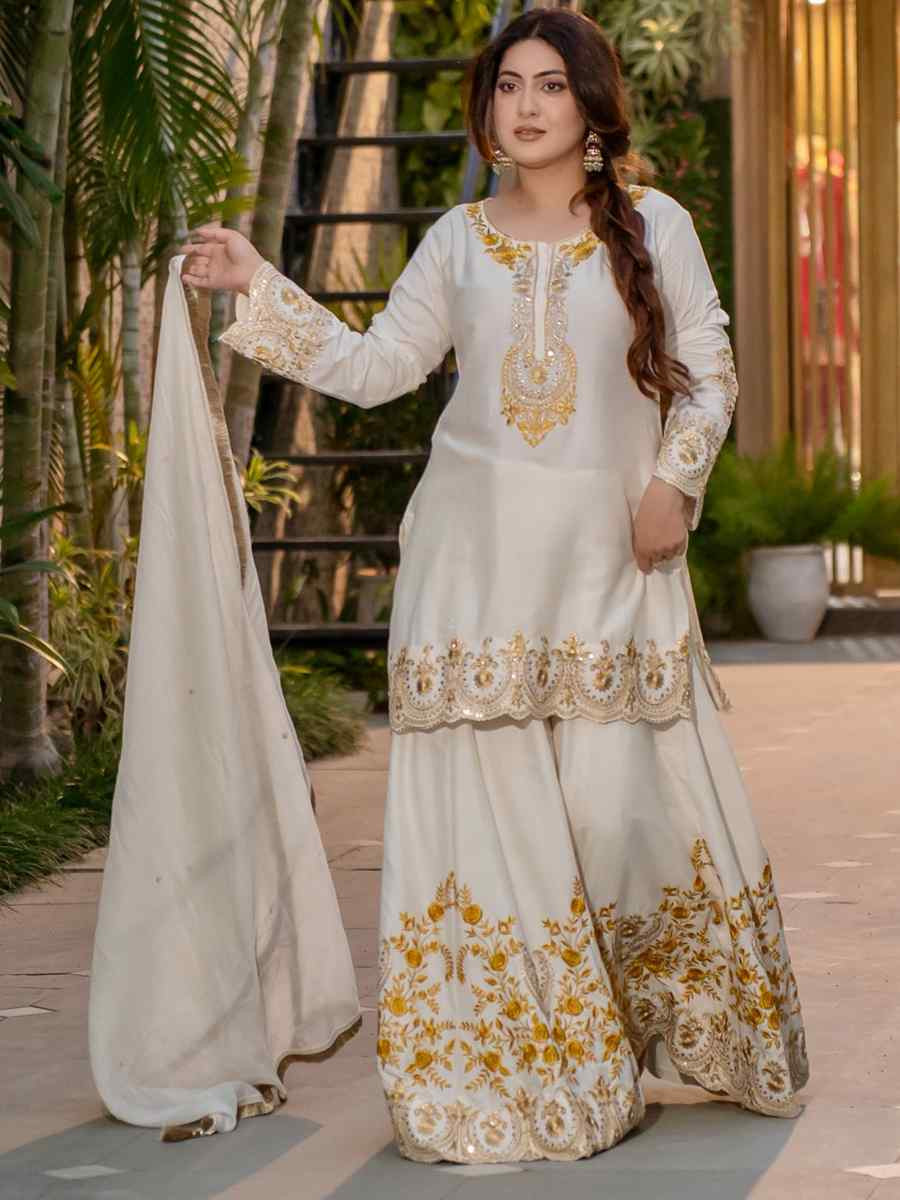 White Heavy French Creap Embroidered Party Wedding Ready Sharara Pant Salwar Kameez