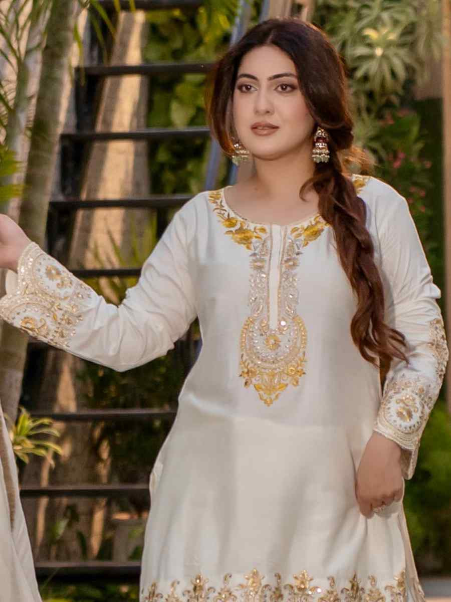 White Heavy French Creap Embroidered Party Wedding Ready Sharara Pant Salwar Kameez