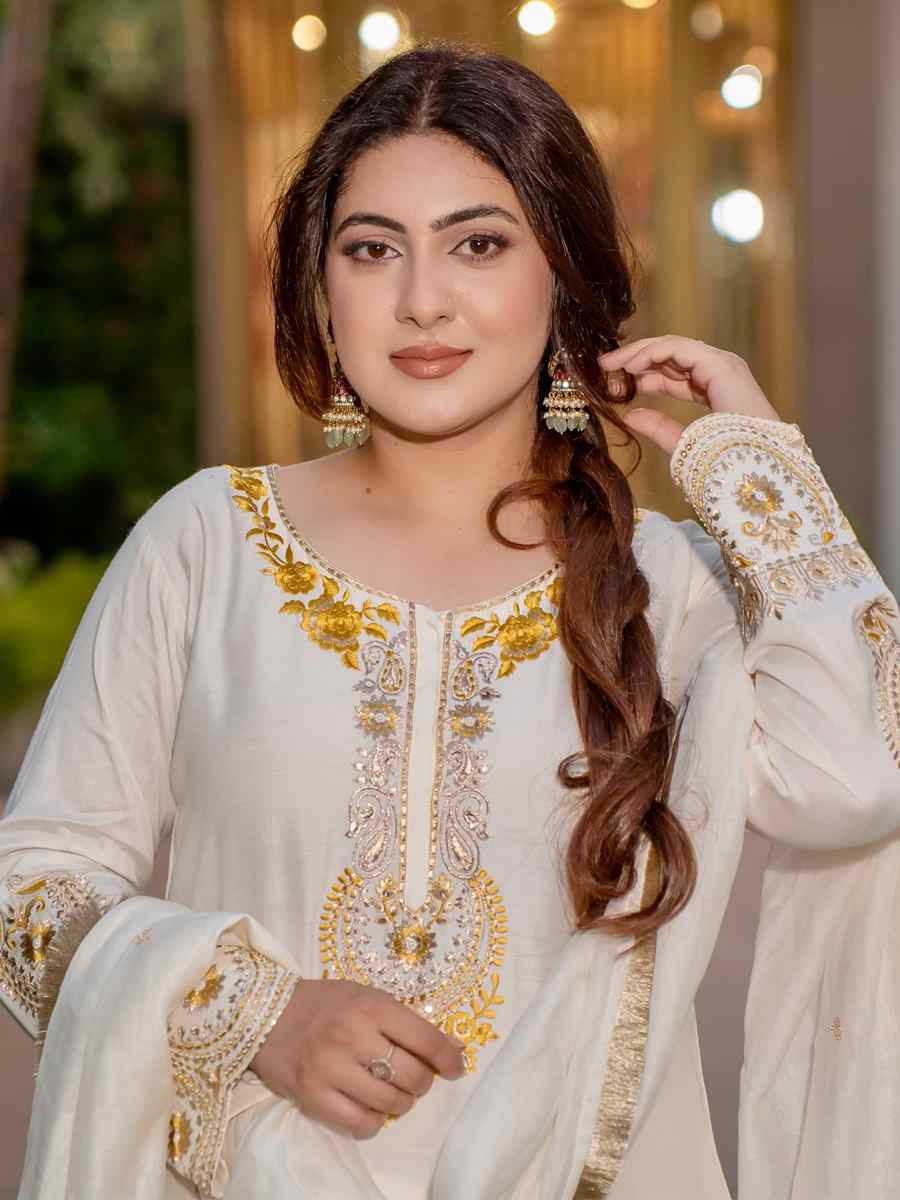 White Heavy French Creap Embroidered Party Wedding Ready Sharara Pant Salwar Kameez