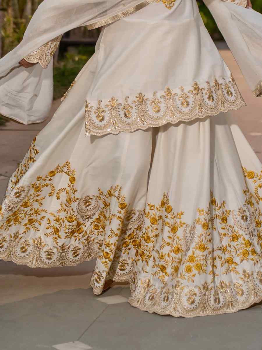 White Heavy French Creap Embroidered Party Wedding Ready Sharara Pant Salwar Kameez