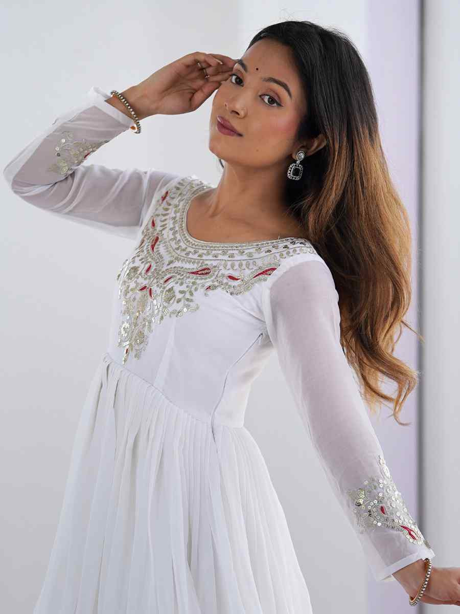 White Heavy Georgette Embroidered Festival Casual Ready Anarkali Salwar Kameez