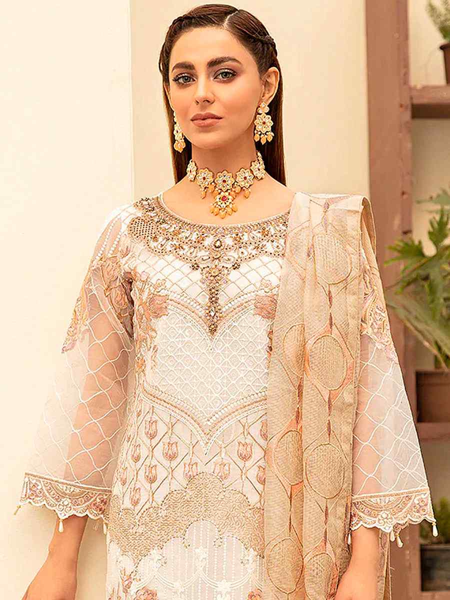 White Heavy Georgette Embroidered Festival Wedding Pant Salwar Kameez
