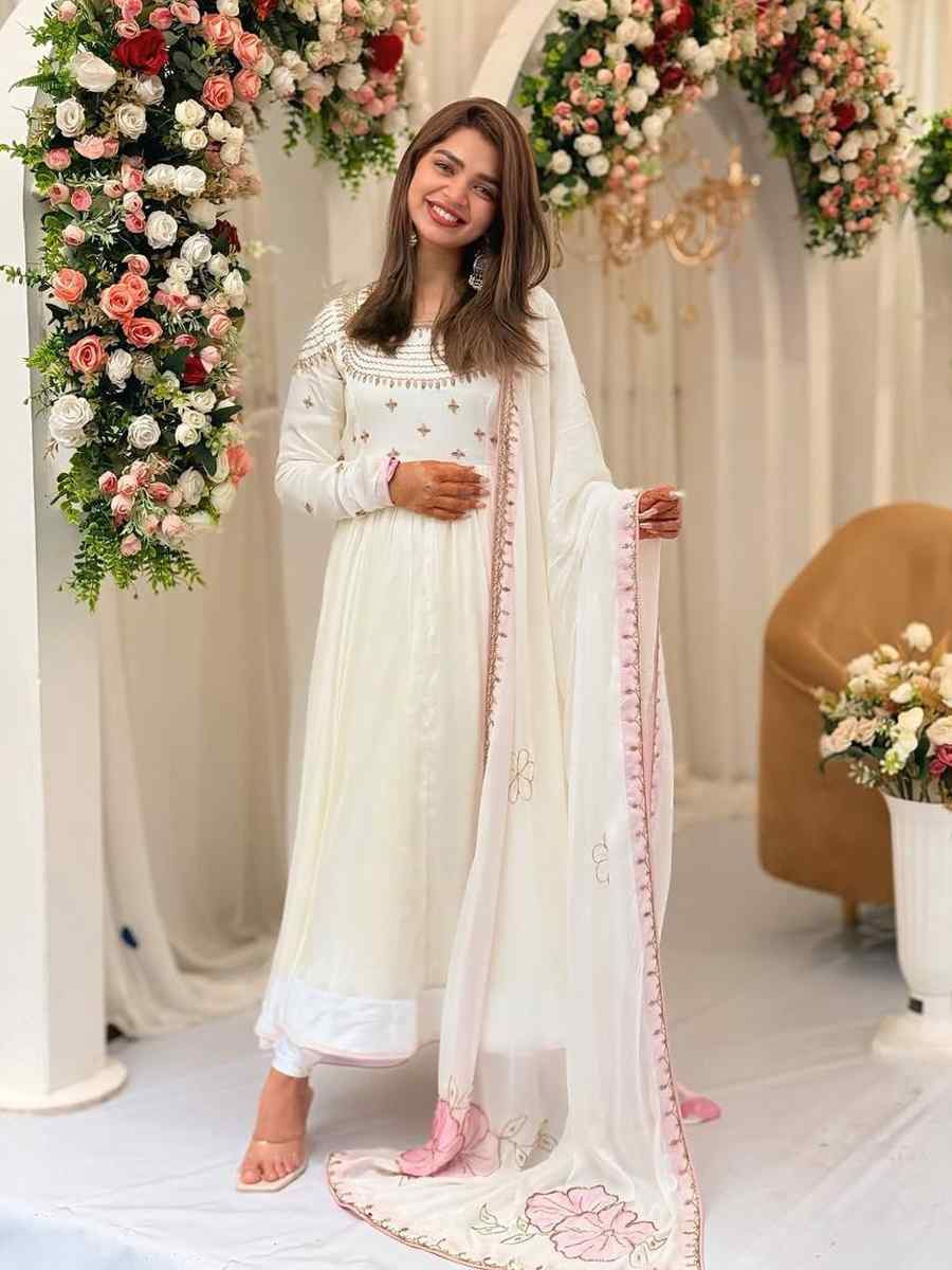 White Heavy Georgette Embroidered Party Wedding Ready Palazzo Pant Salwar Kameez