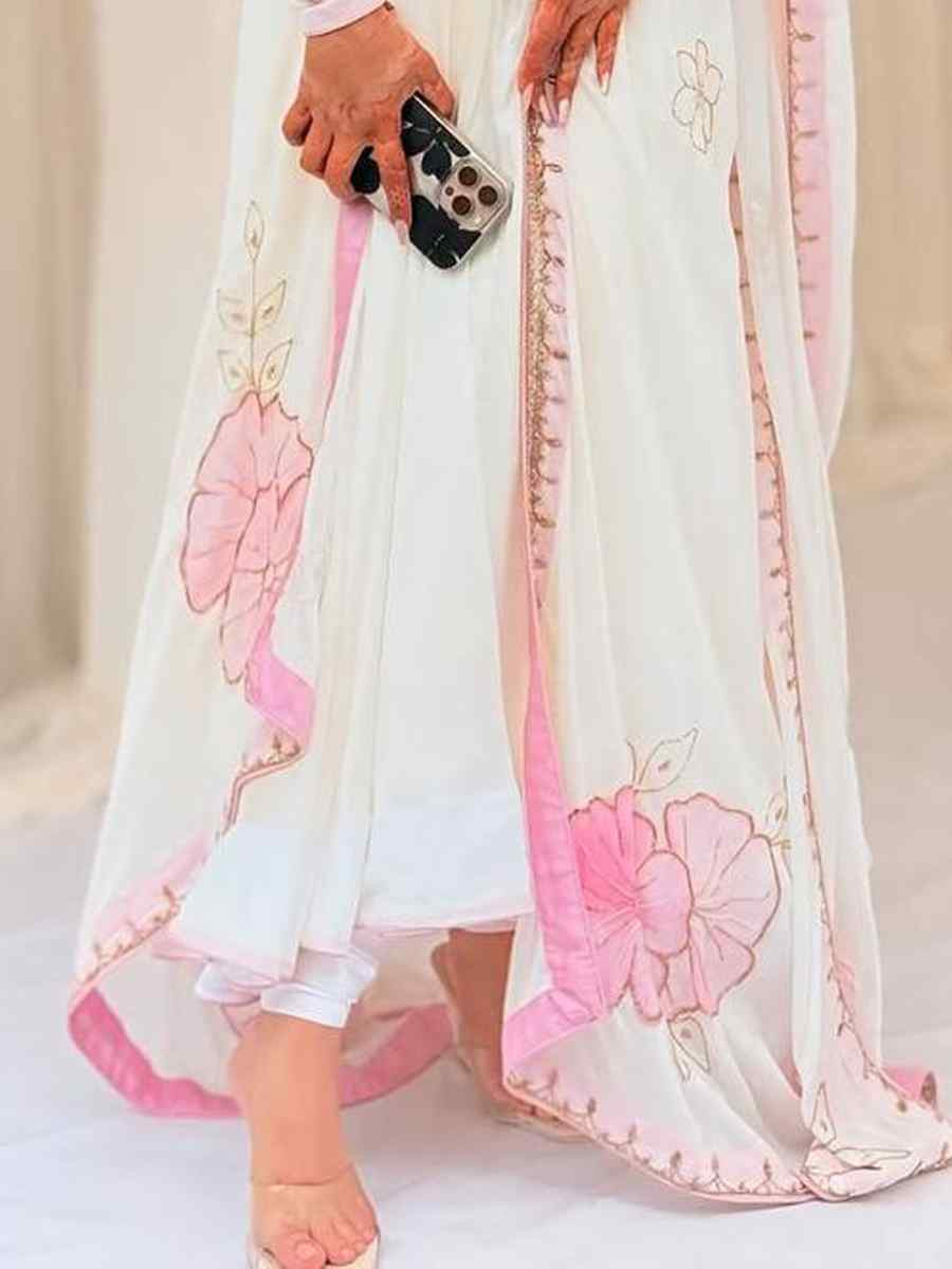 White Heavy Georgette Embroidered Party Wedding Ready Palazzo Pant Salwar Kameez