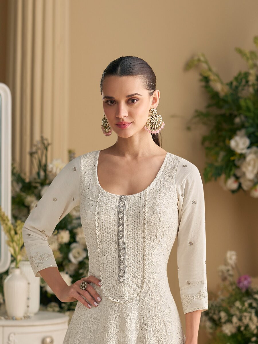 White Heavy Georgette Embroidery Wedding Party Festival Casual Ready Anarkali Salwar Kameez