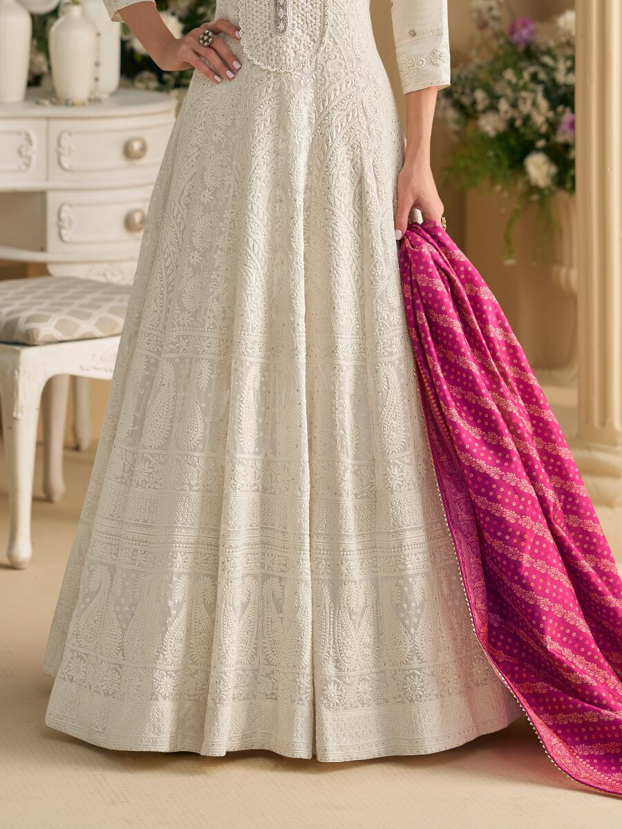 White Heavy Georgette Embroidery Wedding Party Festival Casual Ready Anarkali Salwar Kameez