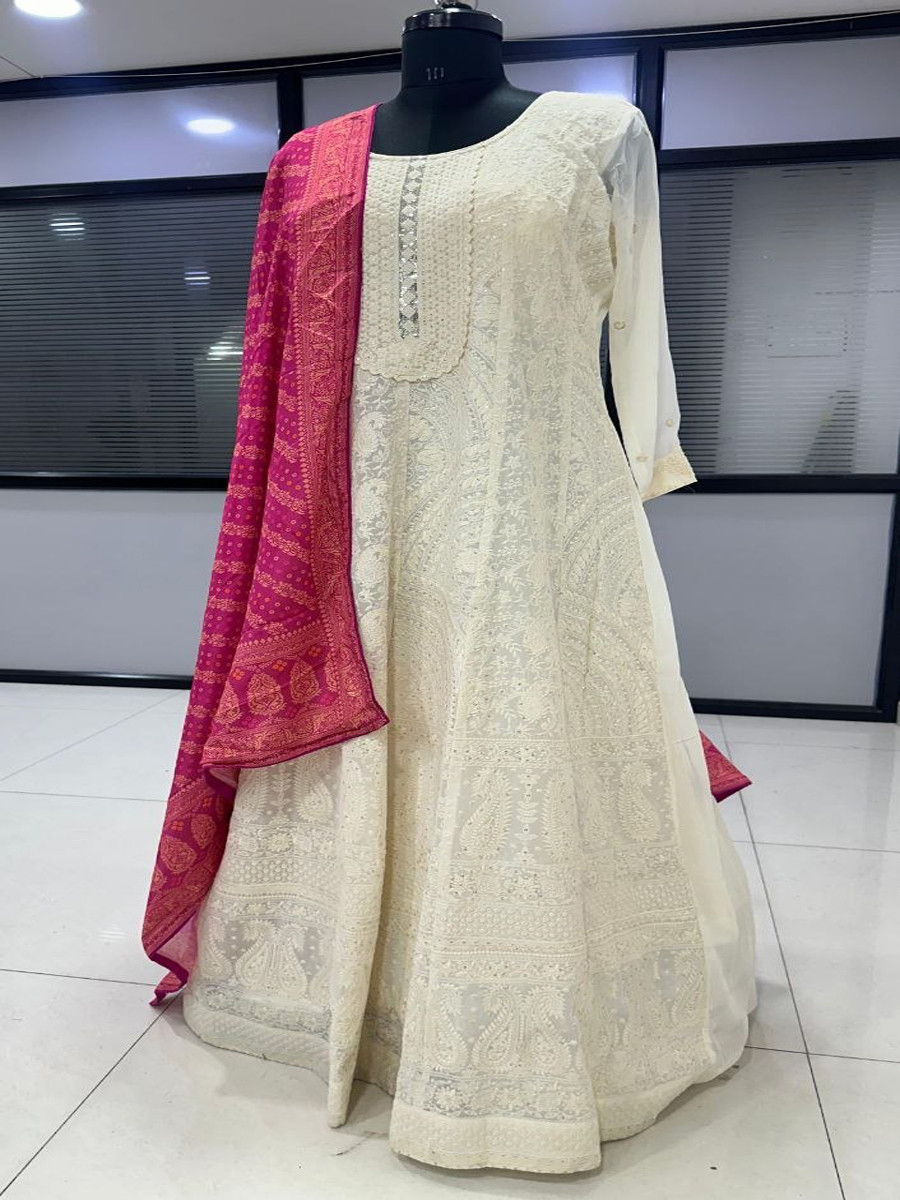 White Heavy Georgette Embroidery Wedding Party Festival Casual Ready Anarkali Salwar Kameez