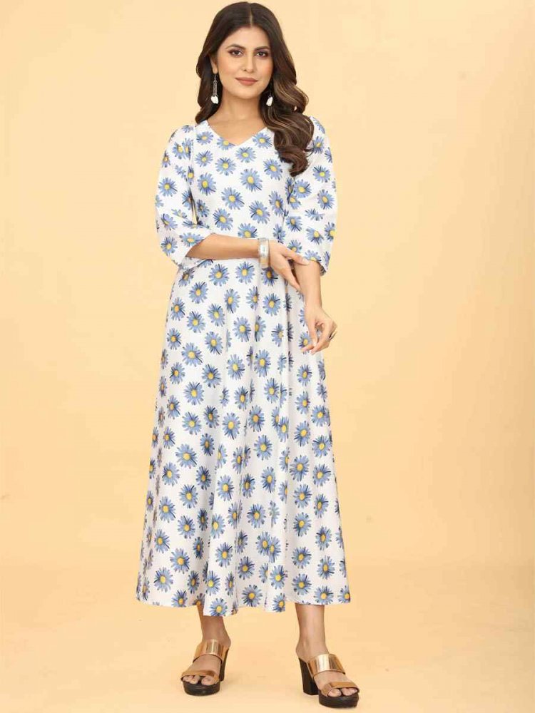 White Heavy Georgette Printed Festival Casual Gown