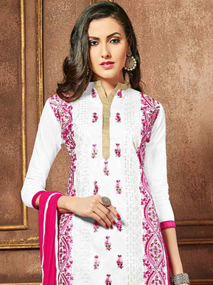 White Heavy Glass Cotton Embroidered Casual Festival Churidar Salwar Kameez