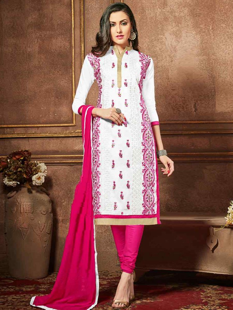 White Heavy Glass Cotton Embroidered Casual Festival Churidar Salwar Kameez