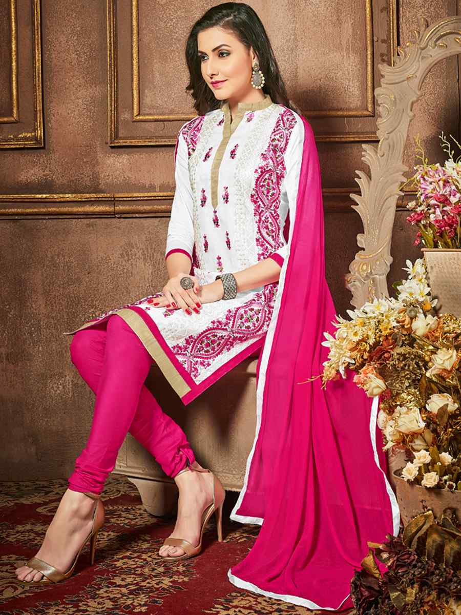 White Heavy Glass Cotton Embroidered Casual Festival Churidar Salwar Kameez