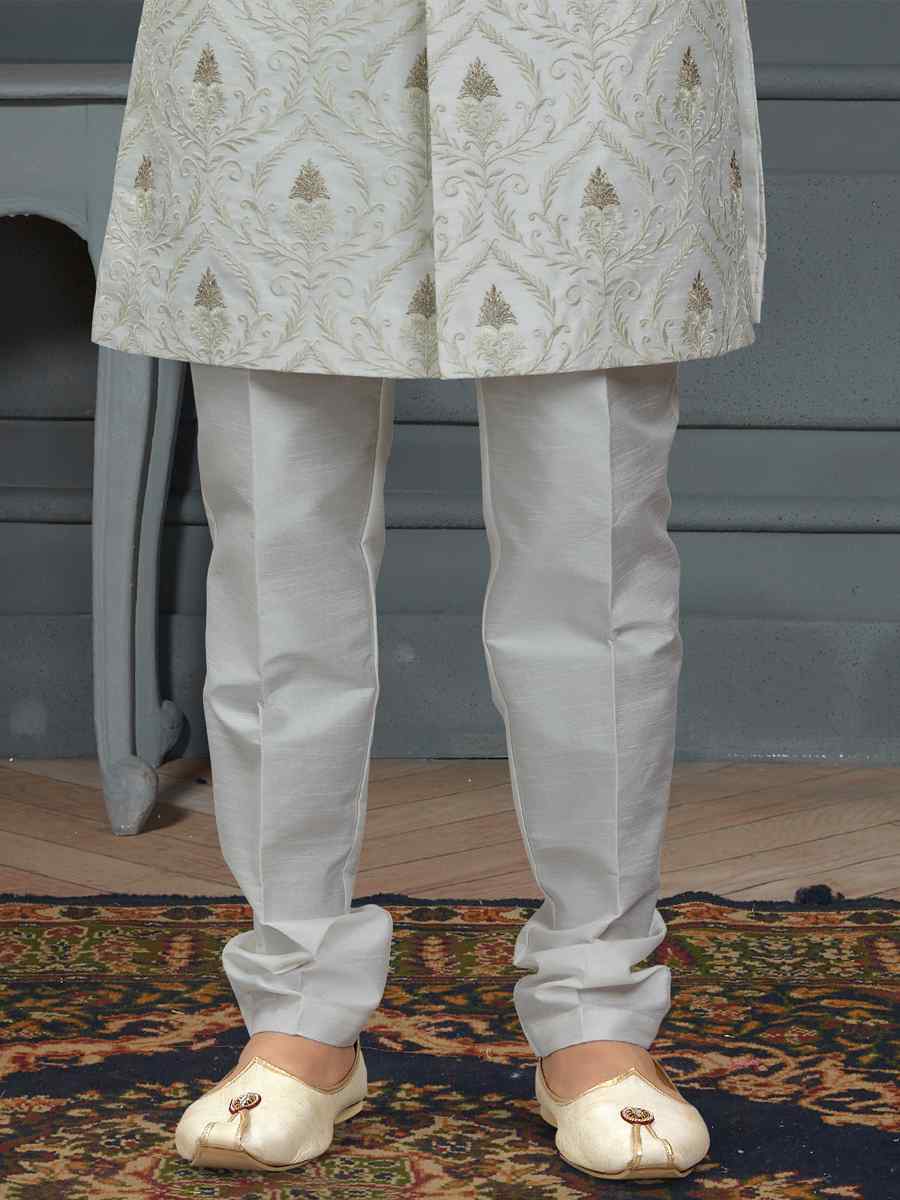 White Heavy Imported Silk Woven Groom Wedding Sherwani