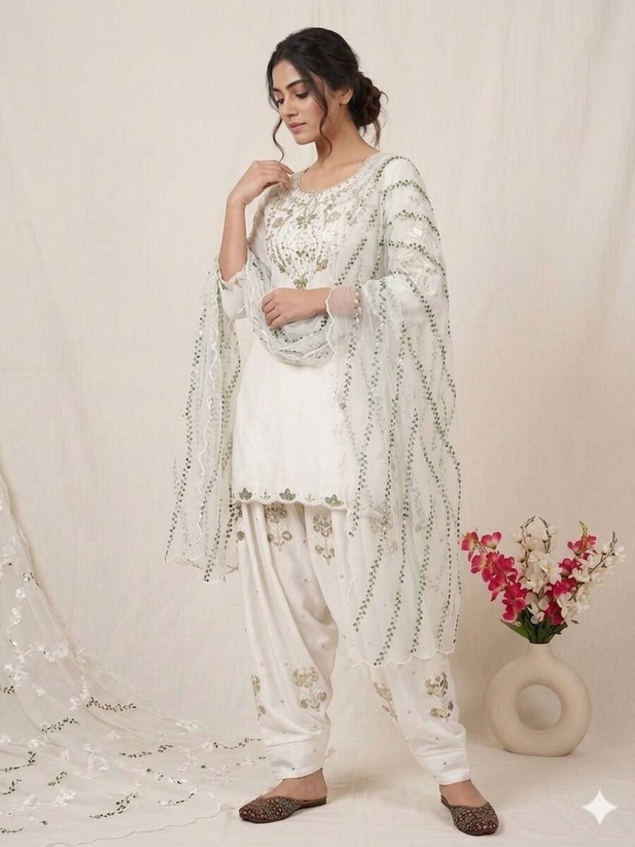 White Heavy Japan Satin Embroidery Sequins Wedding Party Festival Casual Farsi Pant Salwar Kameez