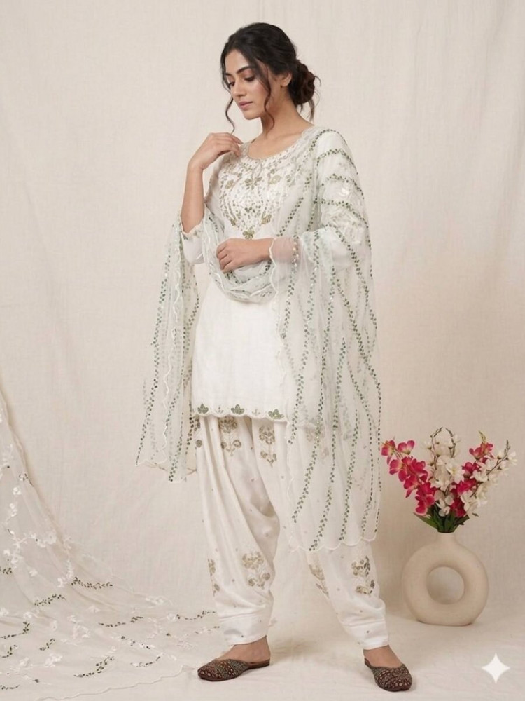 Image of White Heavy Japan Satin Embroidery Sequins Wedding Party Festival Casual Farsi Pant Salwar Kameez