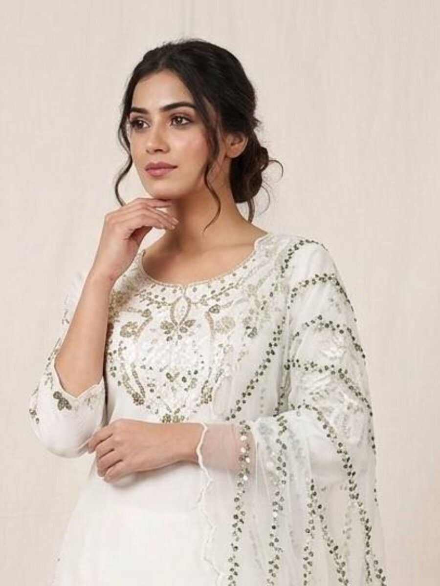 White Heavy Japan Satin Embroidery Sequins Wedding Party Festival Casual Farsi Pant Salwar Kameez