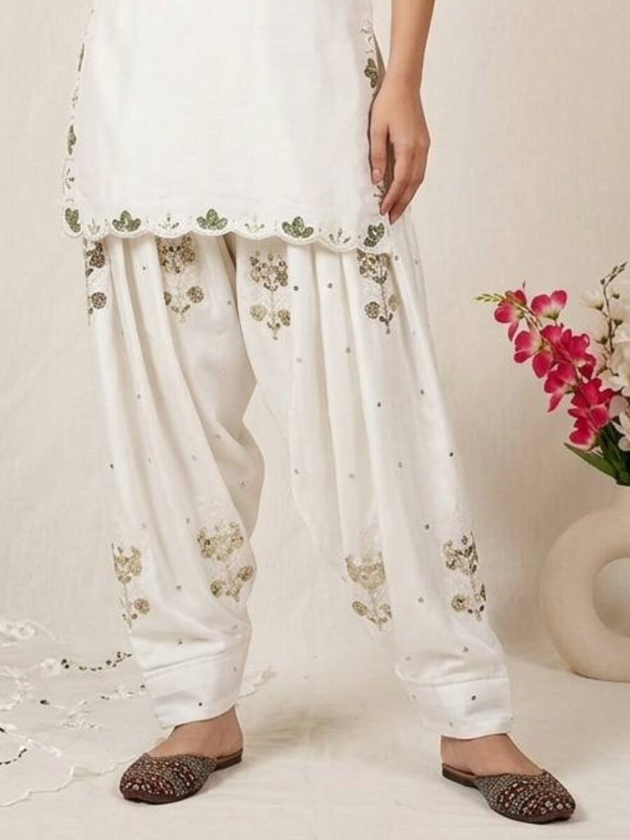 White Heavy Japan Satin Embroidery Sequins Wedding Party Festival Casual Farsi Pant Salwar Kameez