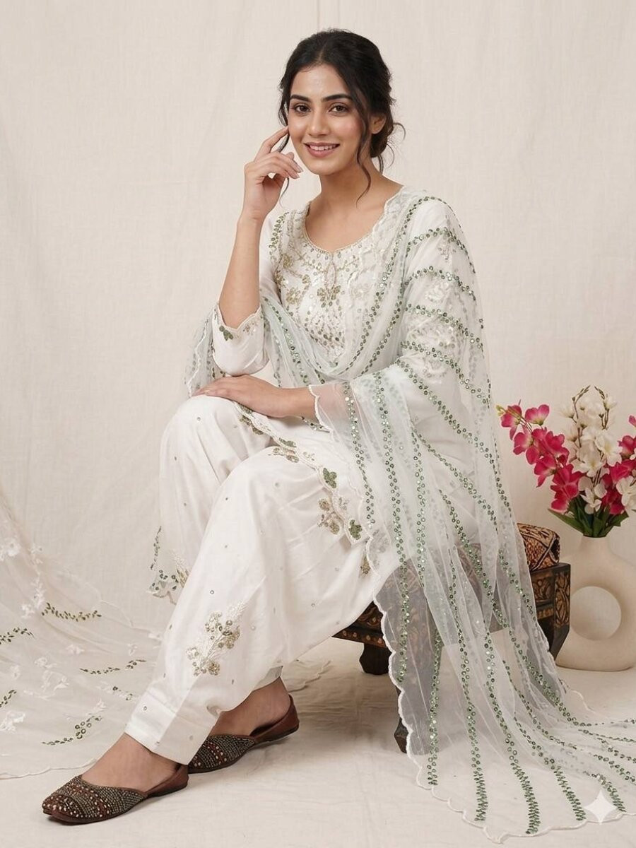 White Heavy Japan Satin Embroidery Sequins Wedding Party Festival Casual Farsi Pant Salwar Kameez