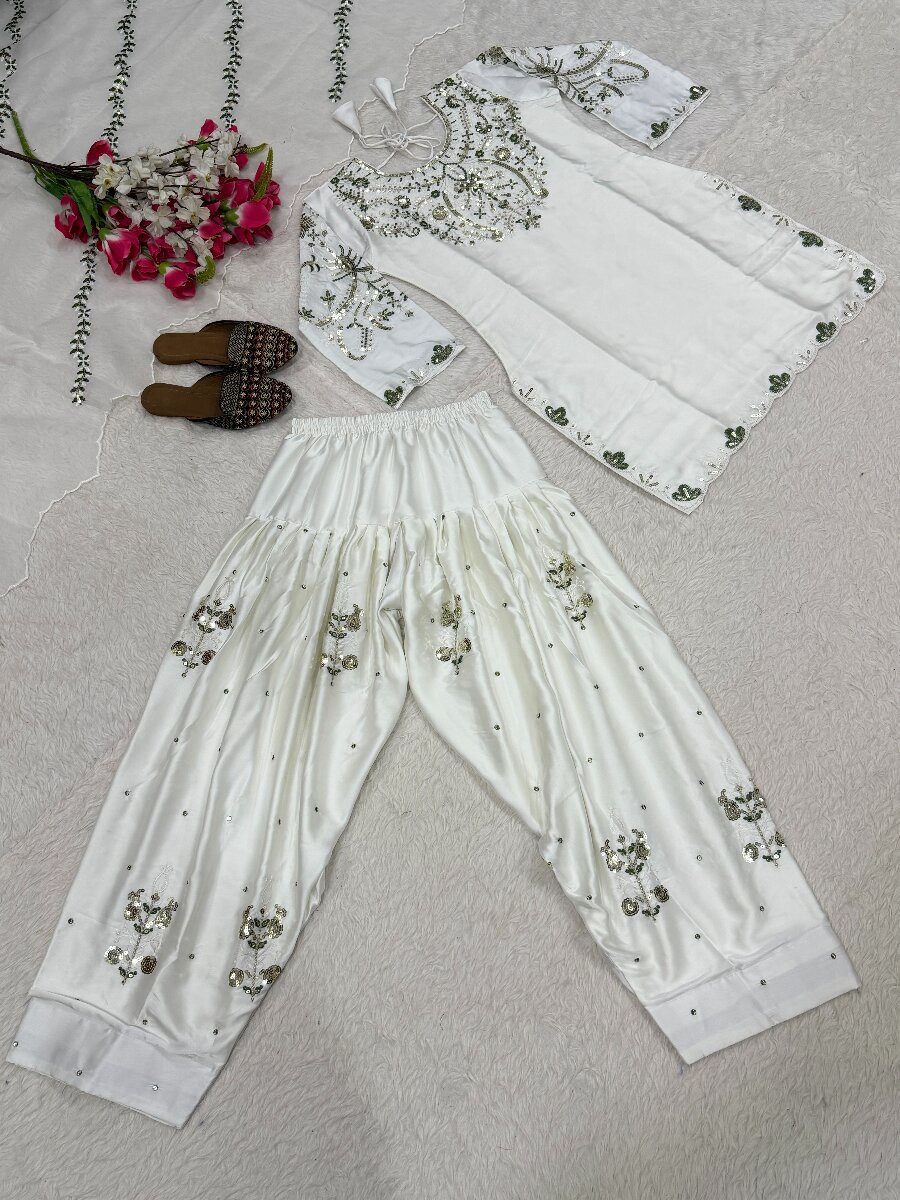 White Heavy Japan Satin Embroidery Sequins Wedding Party Festival Casual Farsi Pant Salwar Kameez