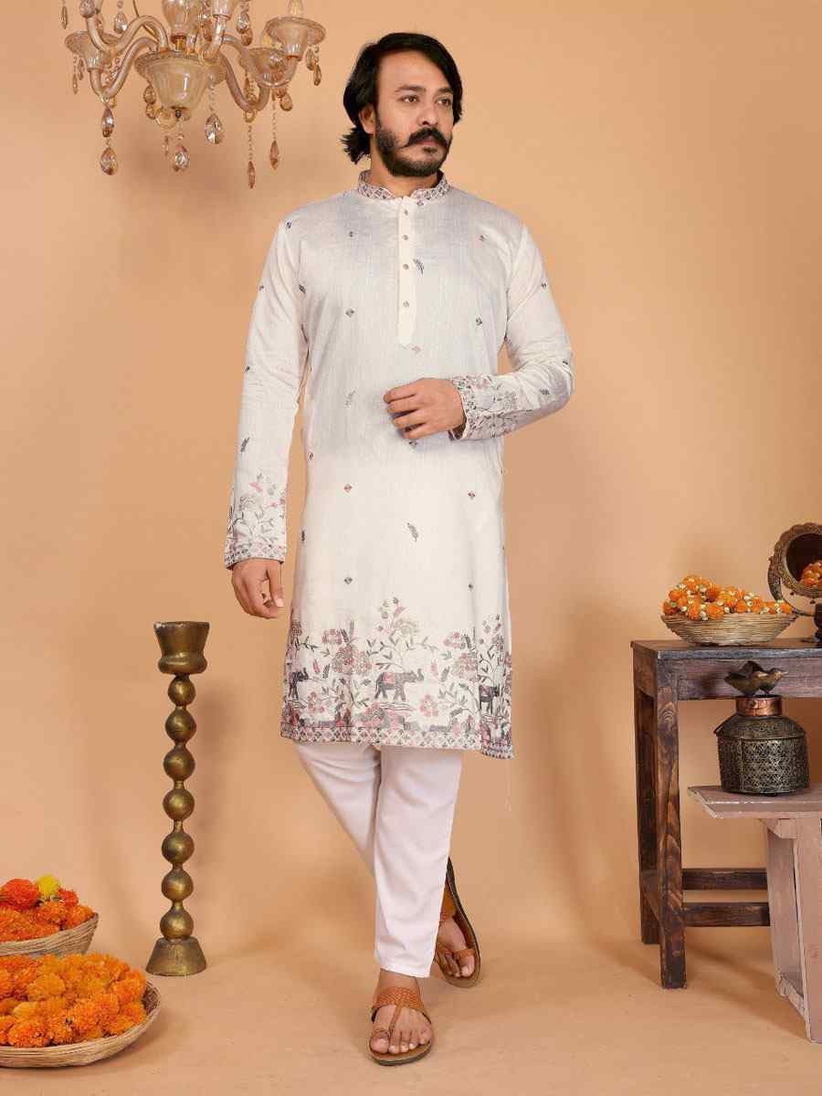 White Heavy Linen Cotton Embroidery And Printed Festival Wedding Party Mens Kurta