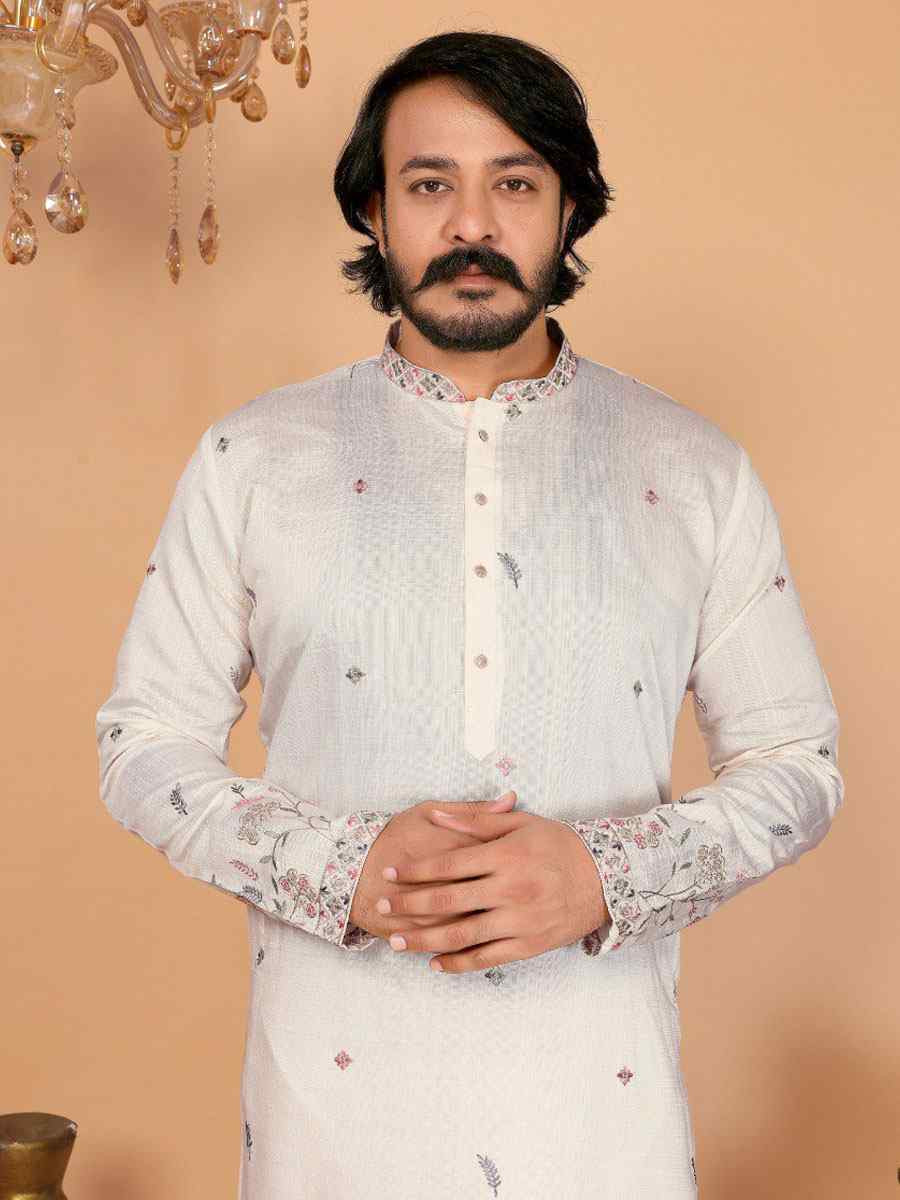 White Heavy Linen Cotton Embroidery And Printed Festival Wedding Party Mens Kurta
