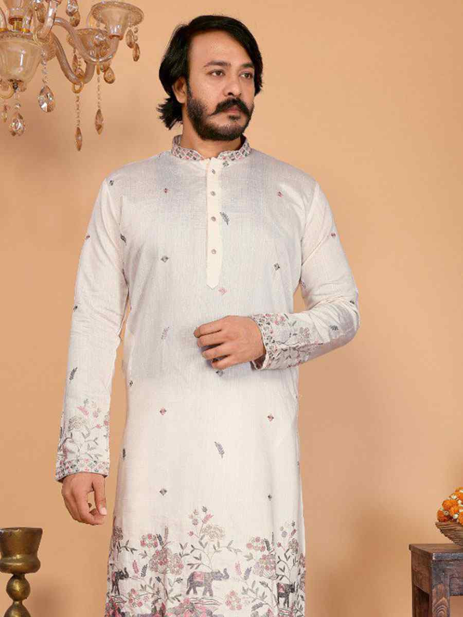 White Heavy Linen Cotton Embroidery And Printed Festival Wedding Party Mens Kurta
